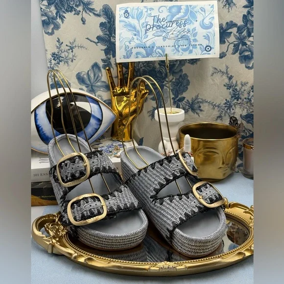 🆕 LOEFFLER RANDALL 🧿 NWOB Theo Embroidered Raffia Platform Sandal, Blue Sz 7.5 - Picture 2 of 14